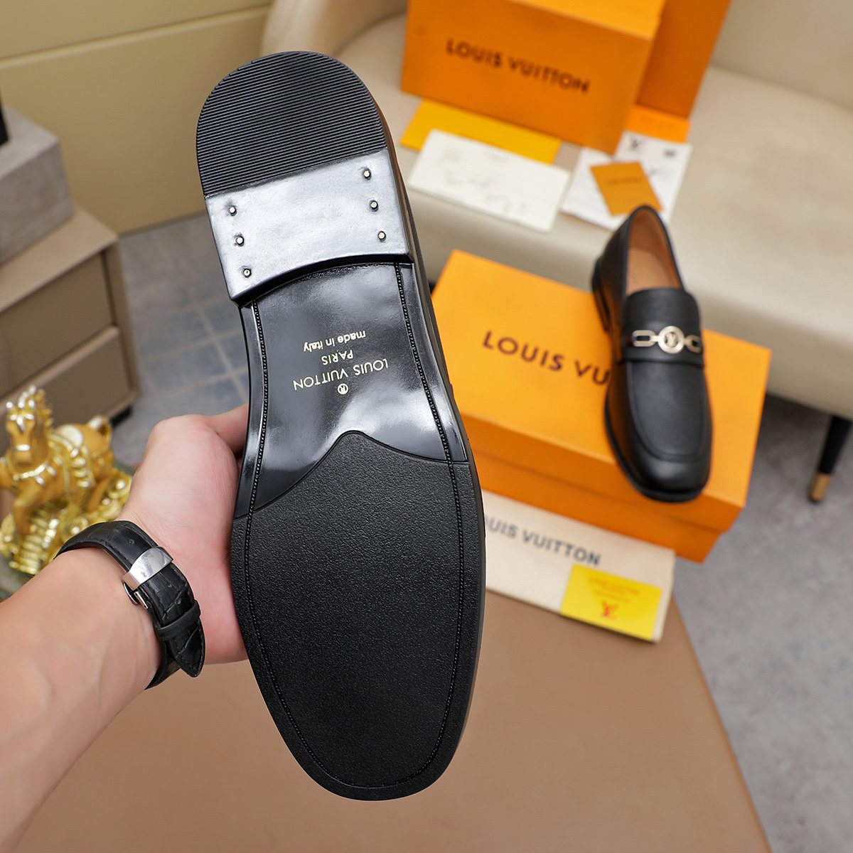 Louis Vuitton Black Metal-Link Loafers — detail