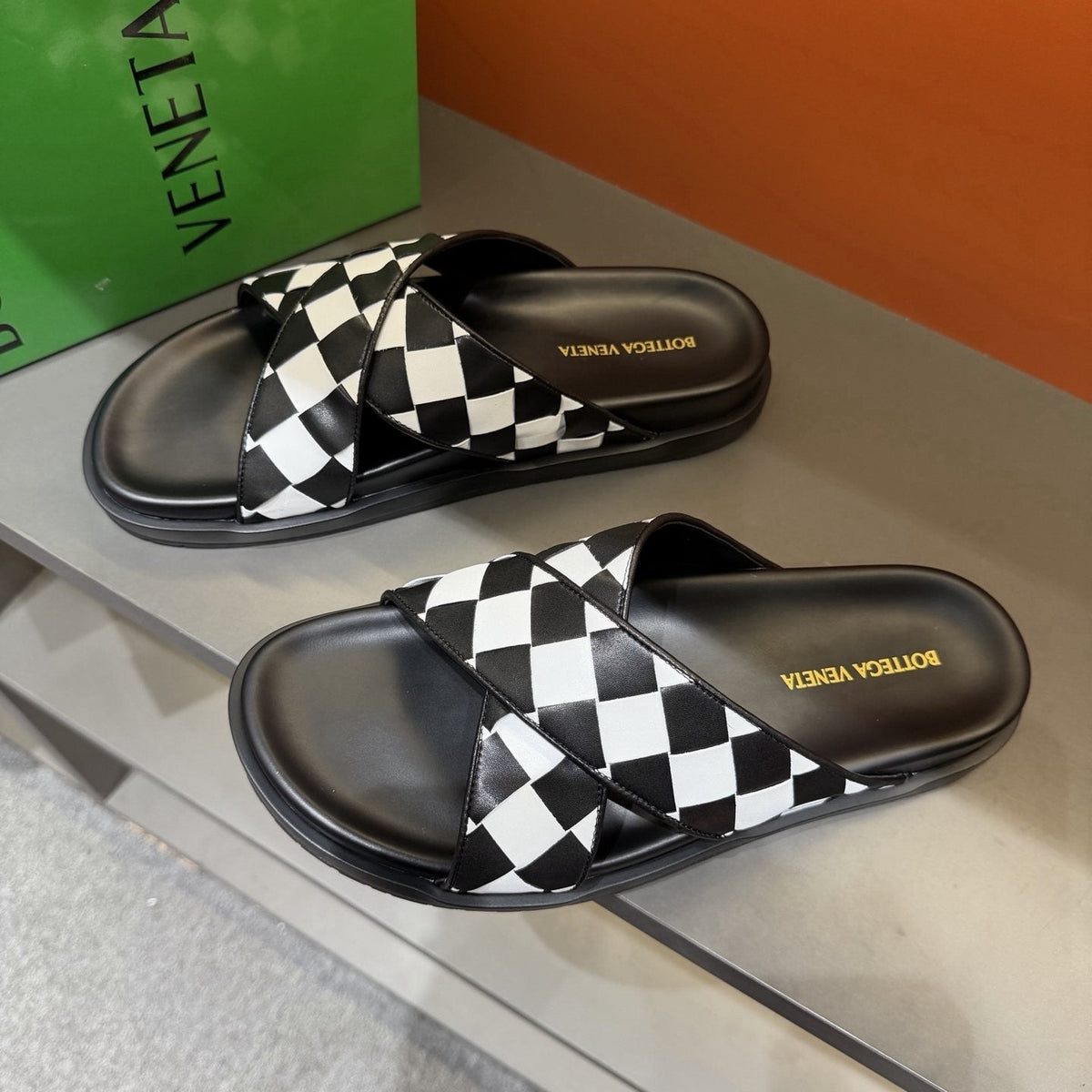 Bottega Veneta Woven Checkerboard Slide Sandals — front