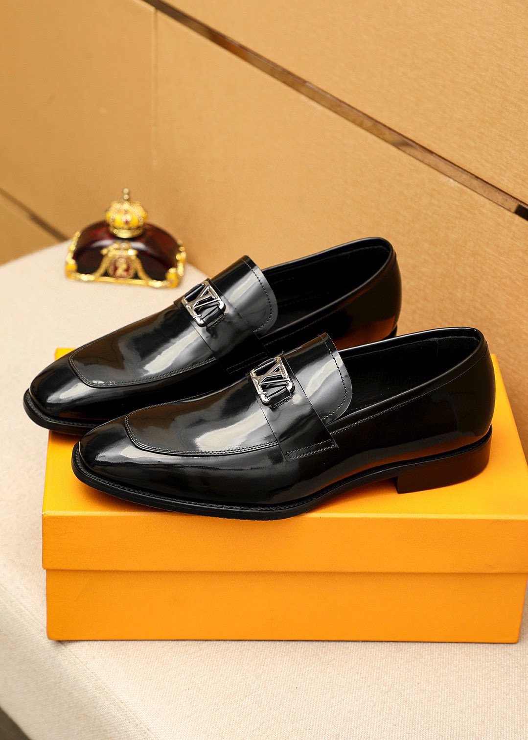 Louis Vuitton Glossy Black Leather Loafers — front