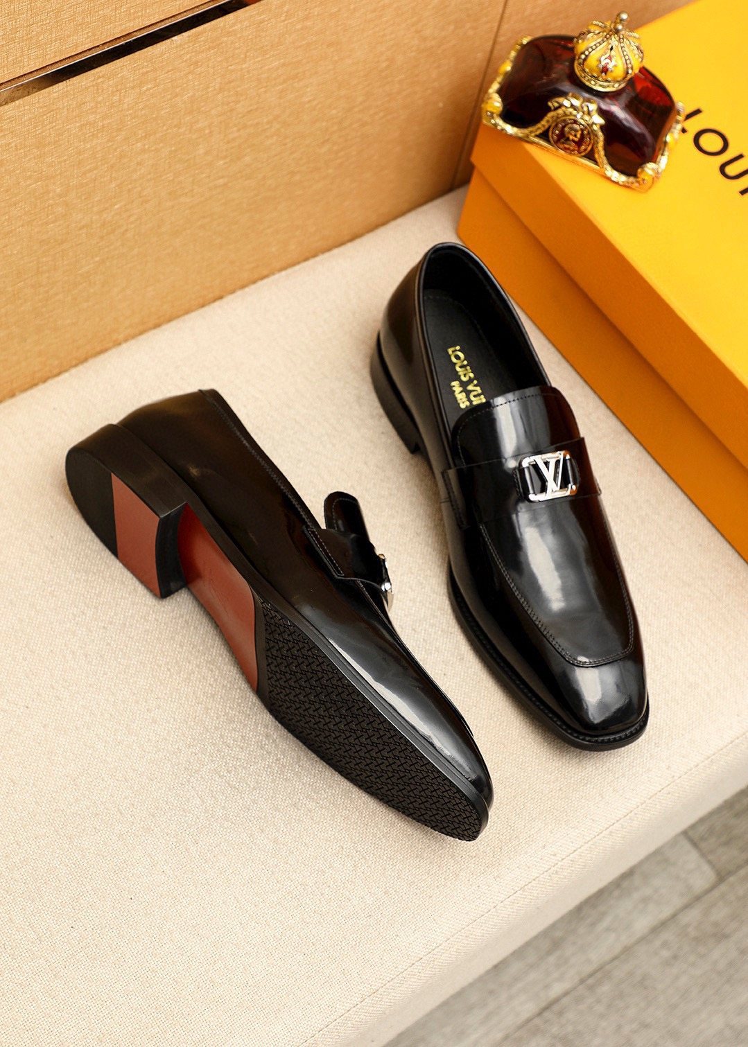 Louis Vuitton Glossy Black Leather Loafers — side