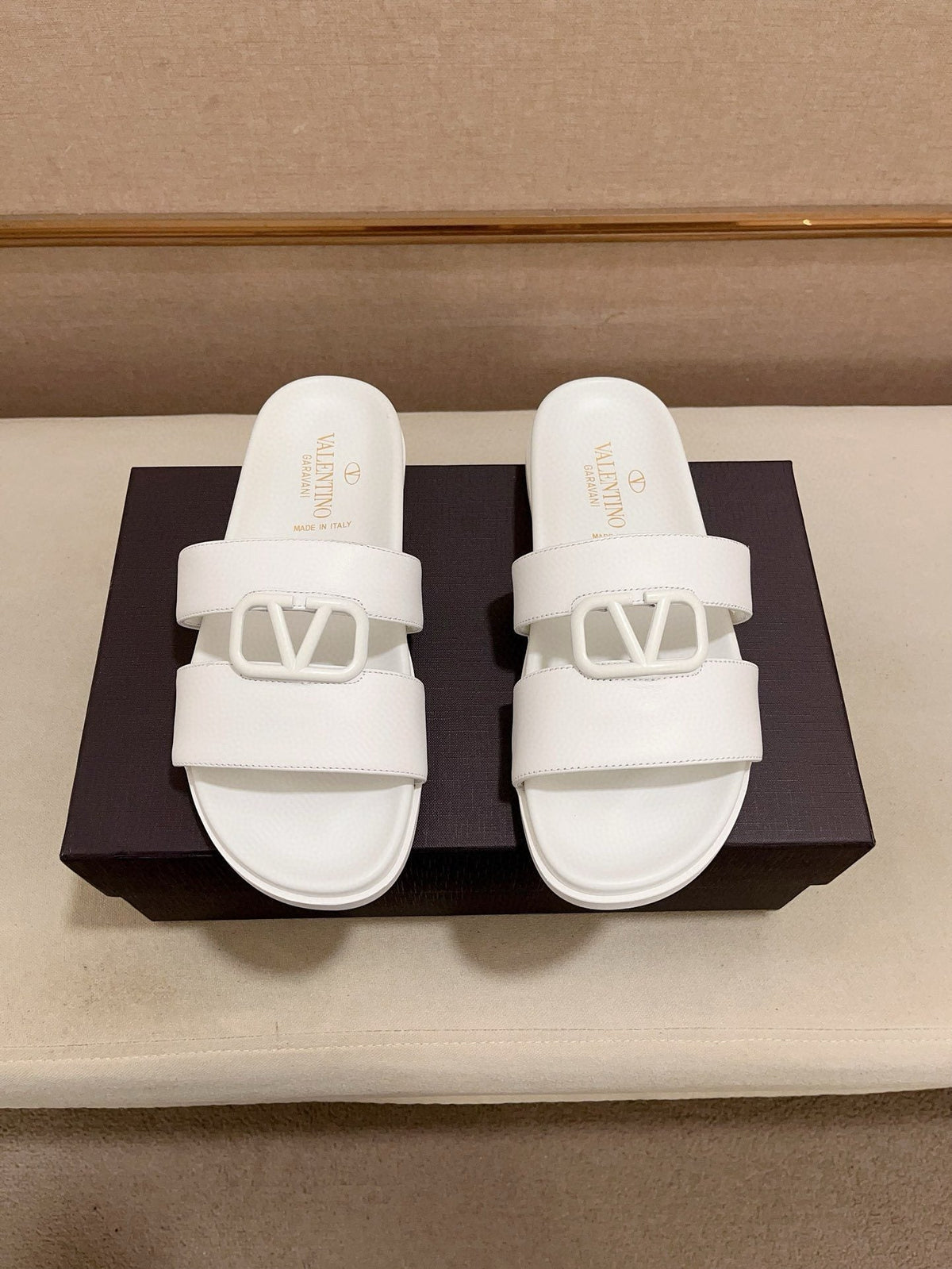 Valentino White V-Hardware Slide Sandals — hero