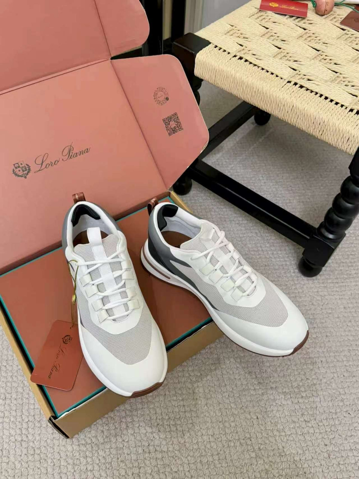Loro Piana White & Gray Low-Top Sneakers — front