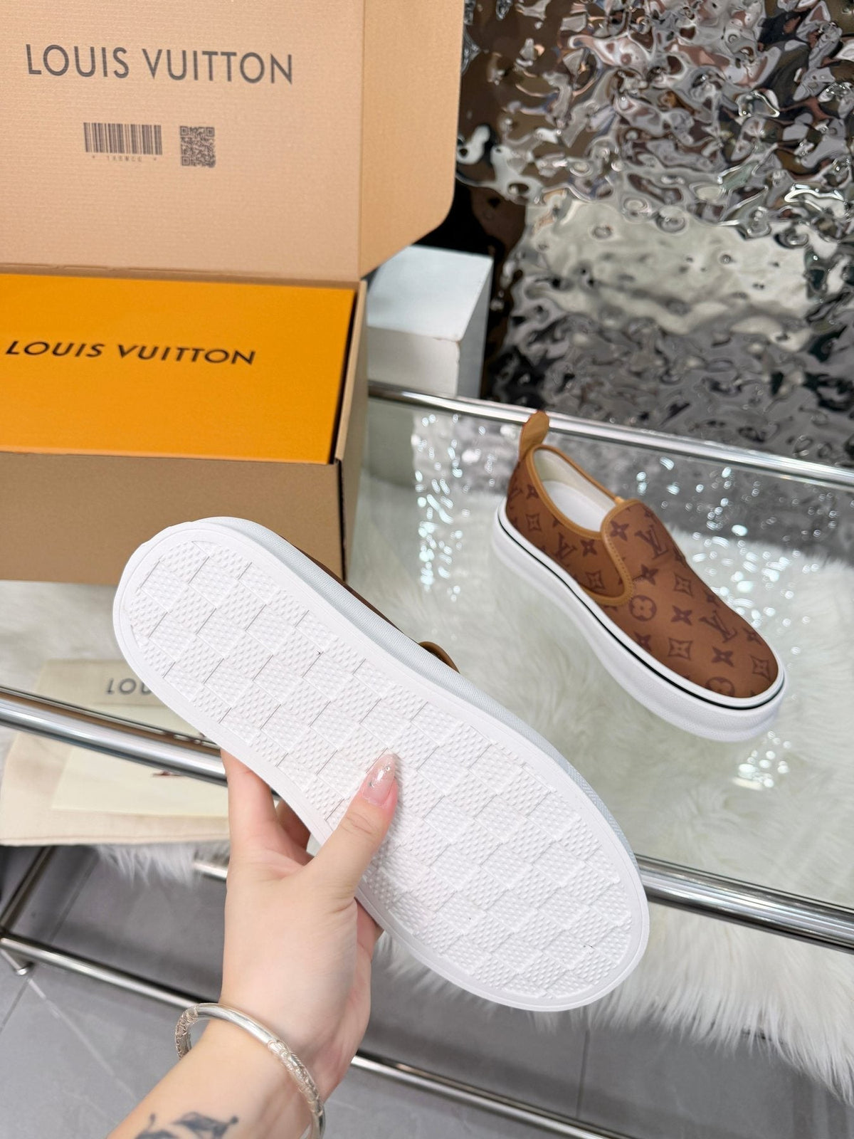 Louis Vuitton Brown Monogram Slip-On Sneakers — detail
