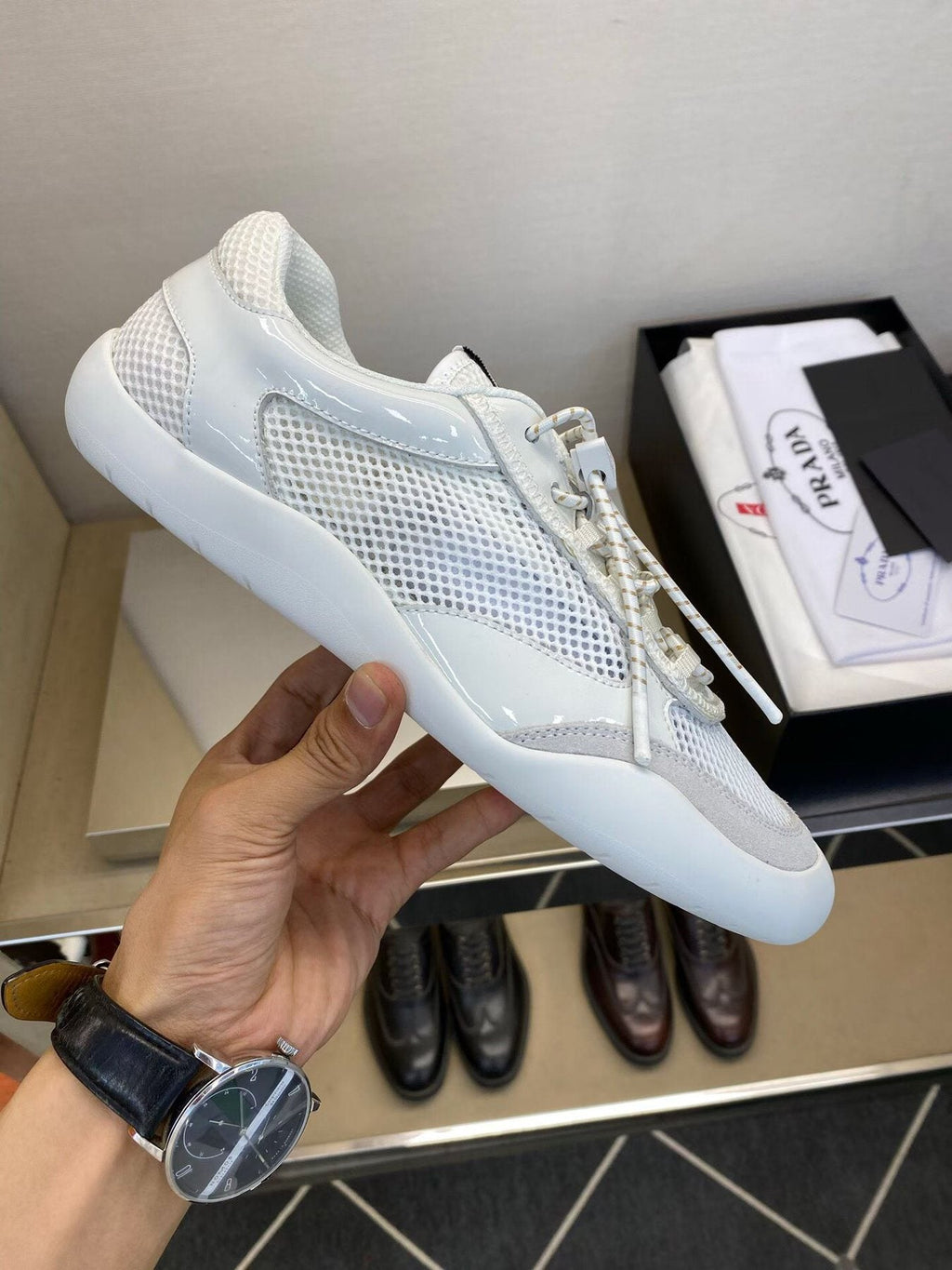 Prada White and Light Gray Mesh Sneakers — side