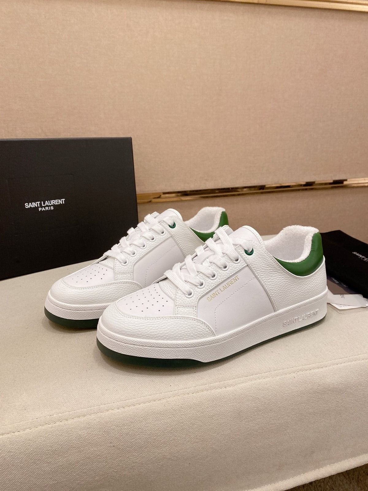 Saint Laurent White and Green Low-Top Sneakers — front