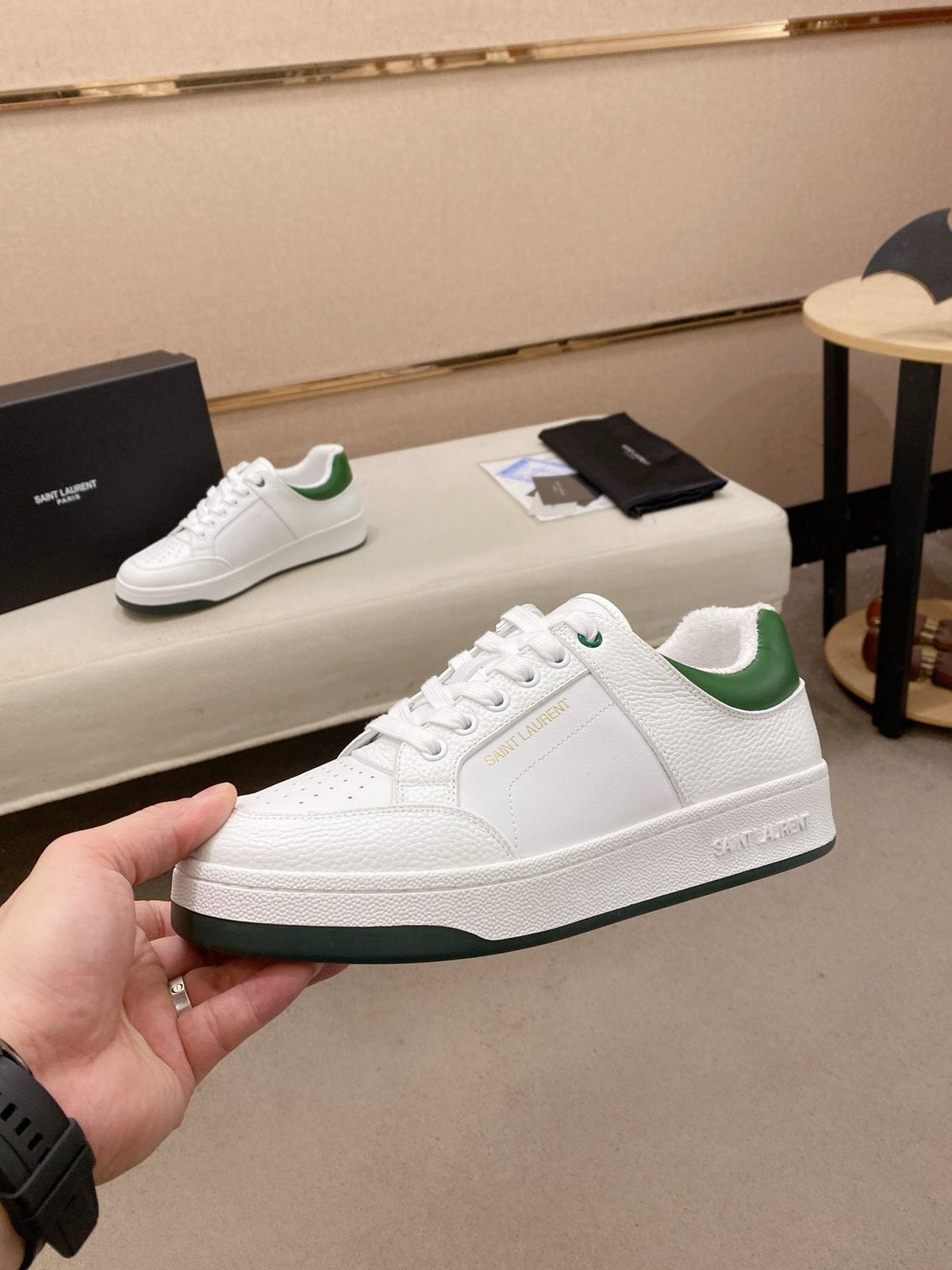 Saint Laurent White and Green Low-Top Sneakers — side