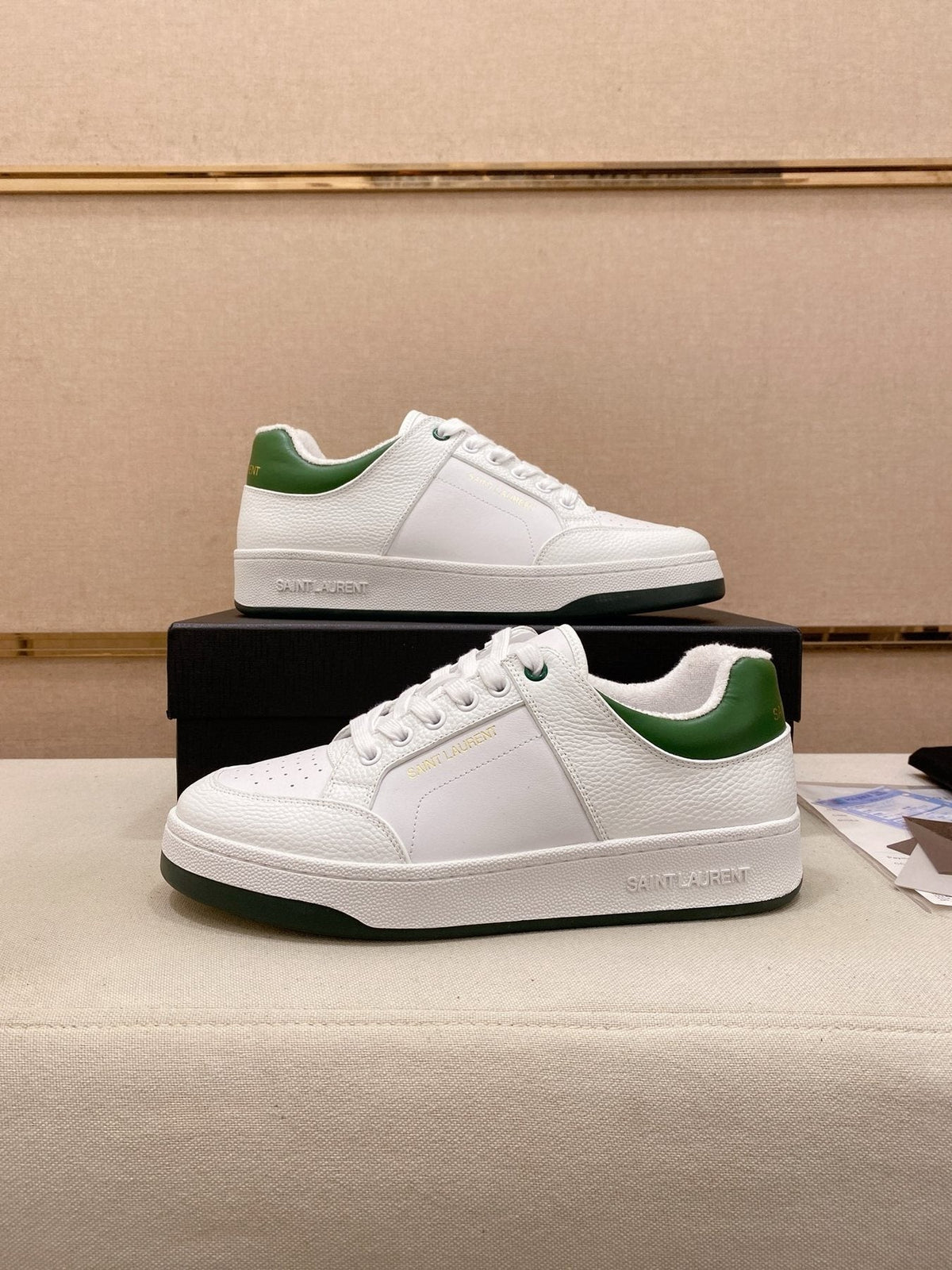 Saint Laurent White and Green Low-Top Sneakers — front