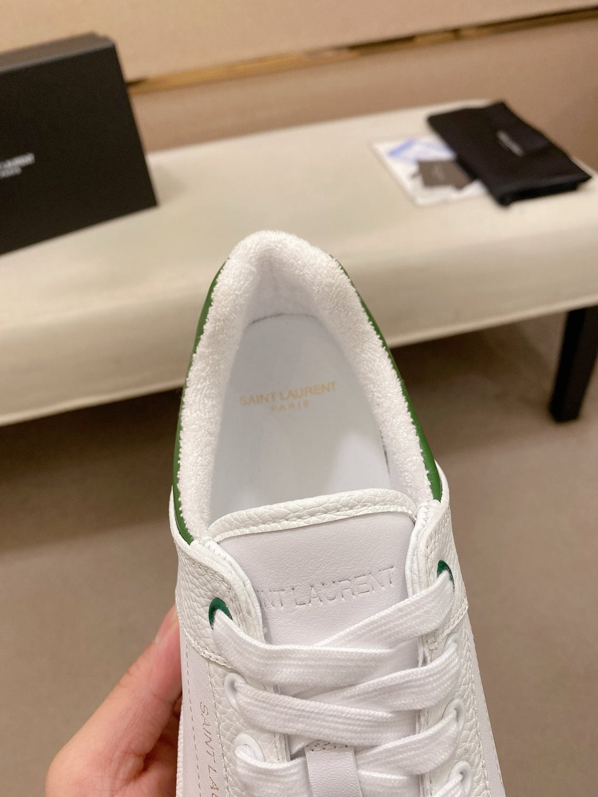 Saint Laurent White and Green Low-Top Sneakers — front