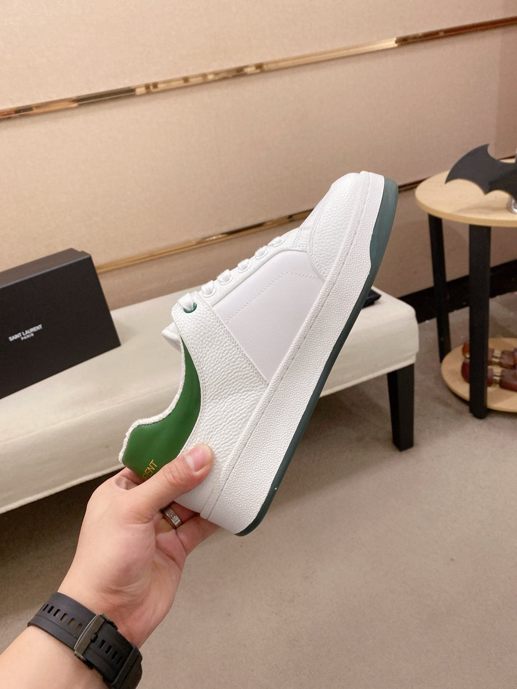 Saint Laurent White and Green Low-Top Sneakers — detail