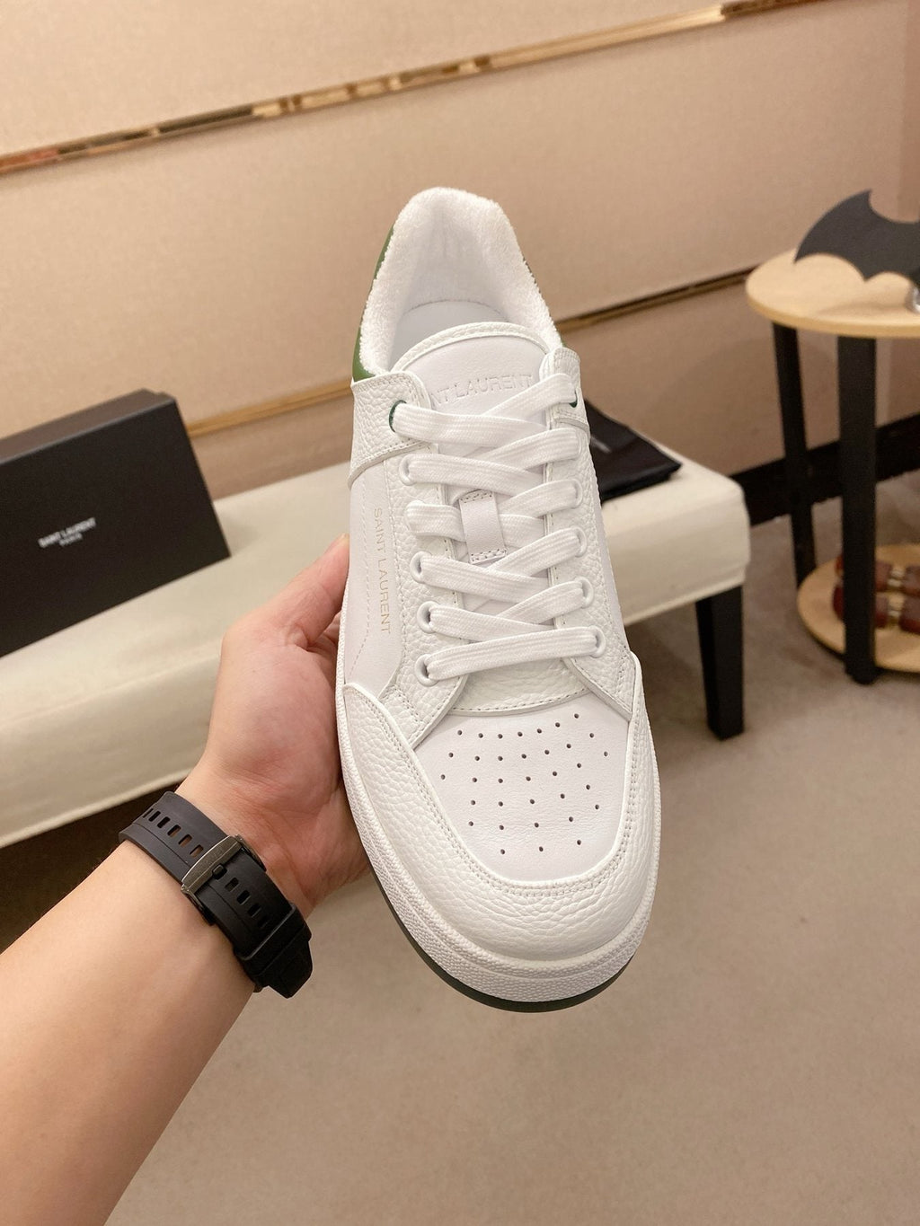 Saint Laurent White and Green Low-Top Sneakers — front