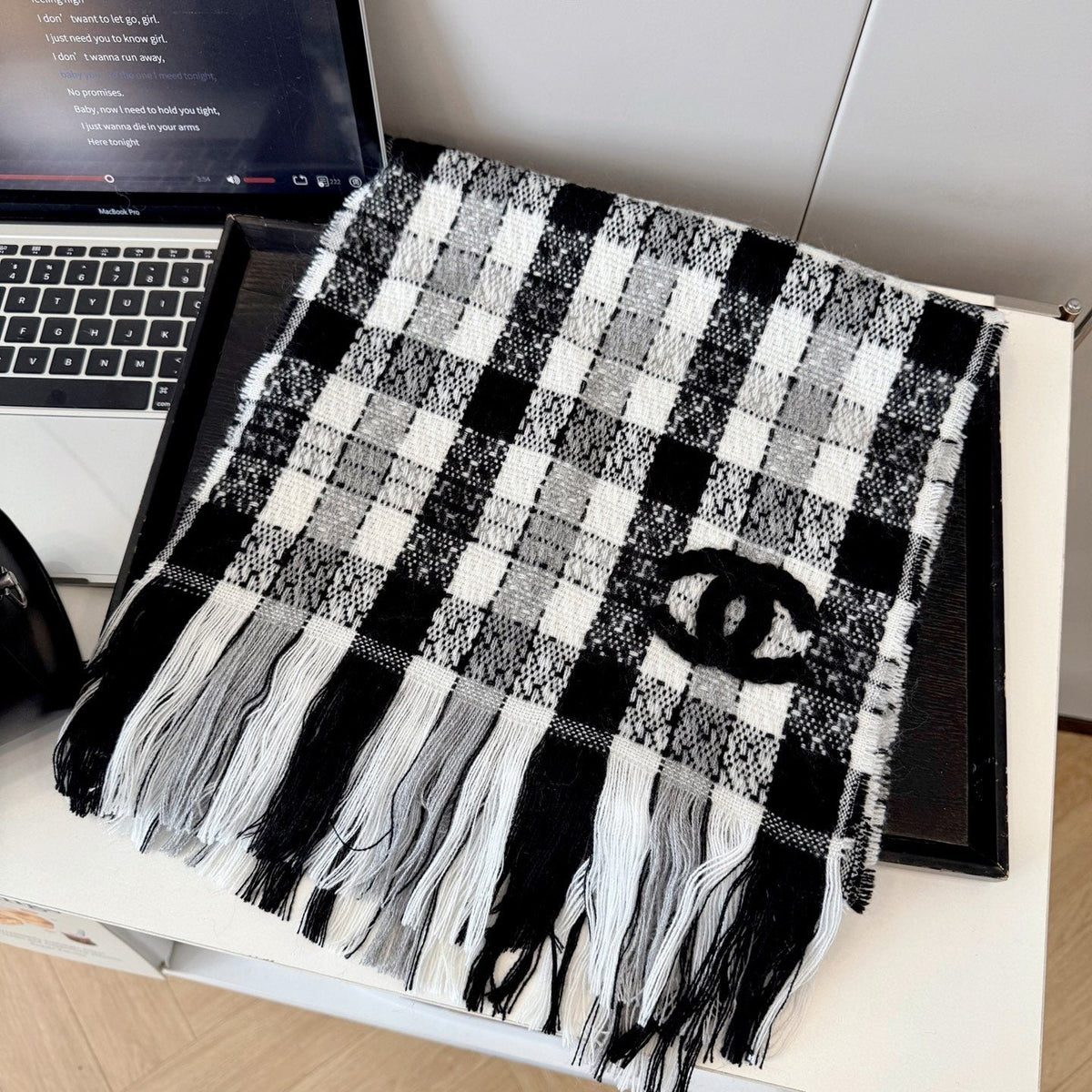 Chanel Black and White Plaid Fringed Scarf — front