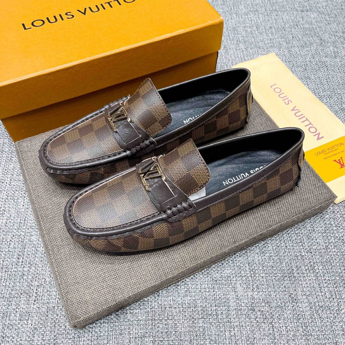 Louis Vuitton Brown Checkered Loafers — front