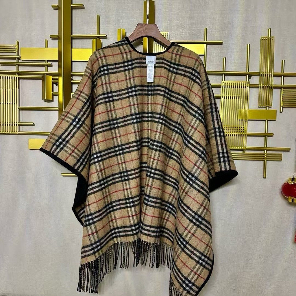 Burberry Reversible Plaid Fringe Cape Shawl — back