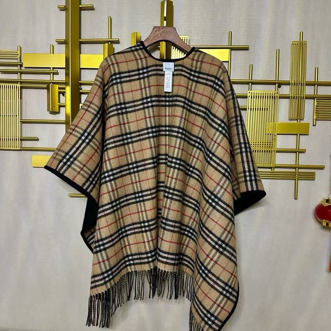 Burberry Reversible Plaid Fringe Cape Shawl — back