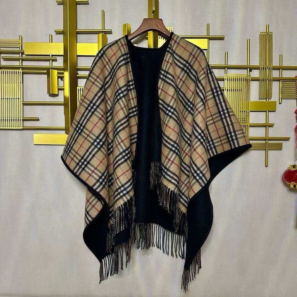 Burberry Reversible Plaid Fringe Cape Shawl — hero