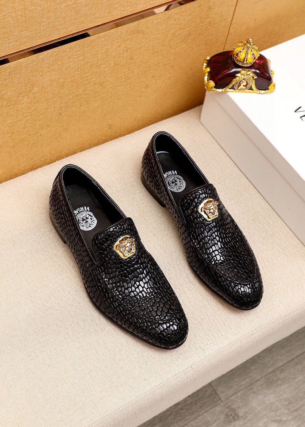VERSACE Black Textured Slip-On Shoes — hero