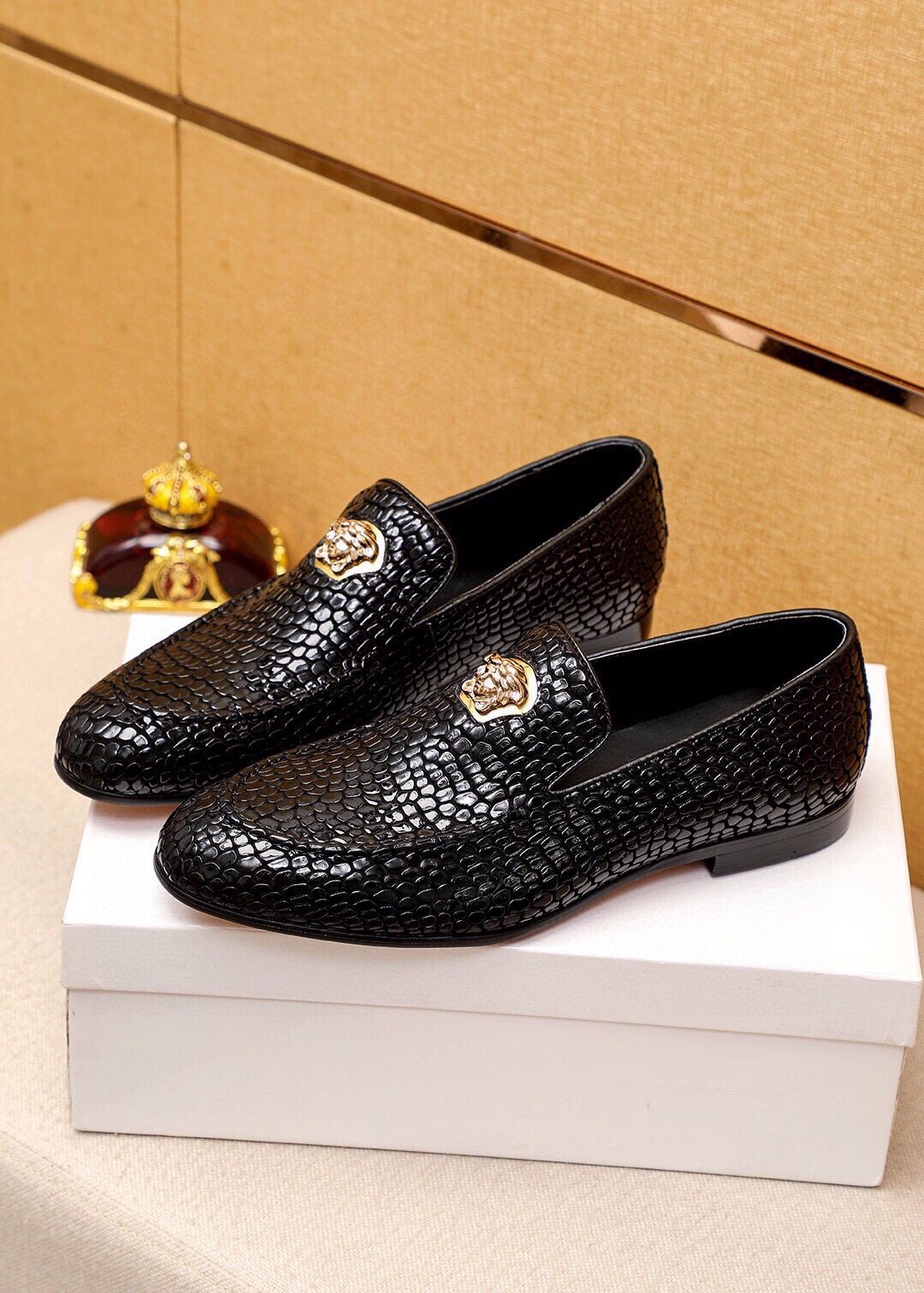 VERSACE Black Textured Slip-On Shoes — front