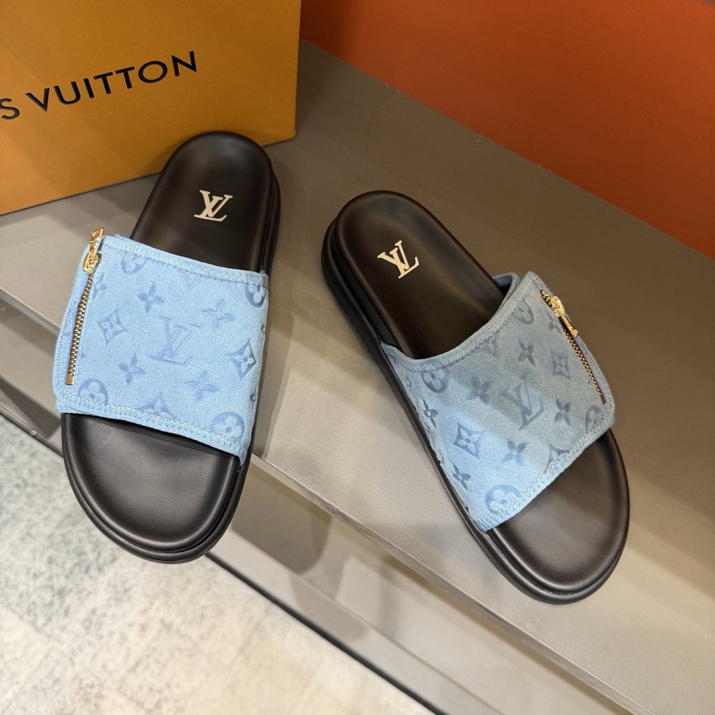 Louis Vuitton Light Blue Zip-Accent Slide Sandals — front