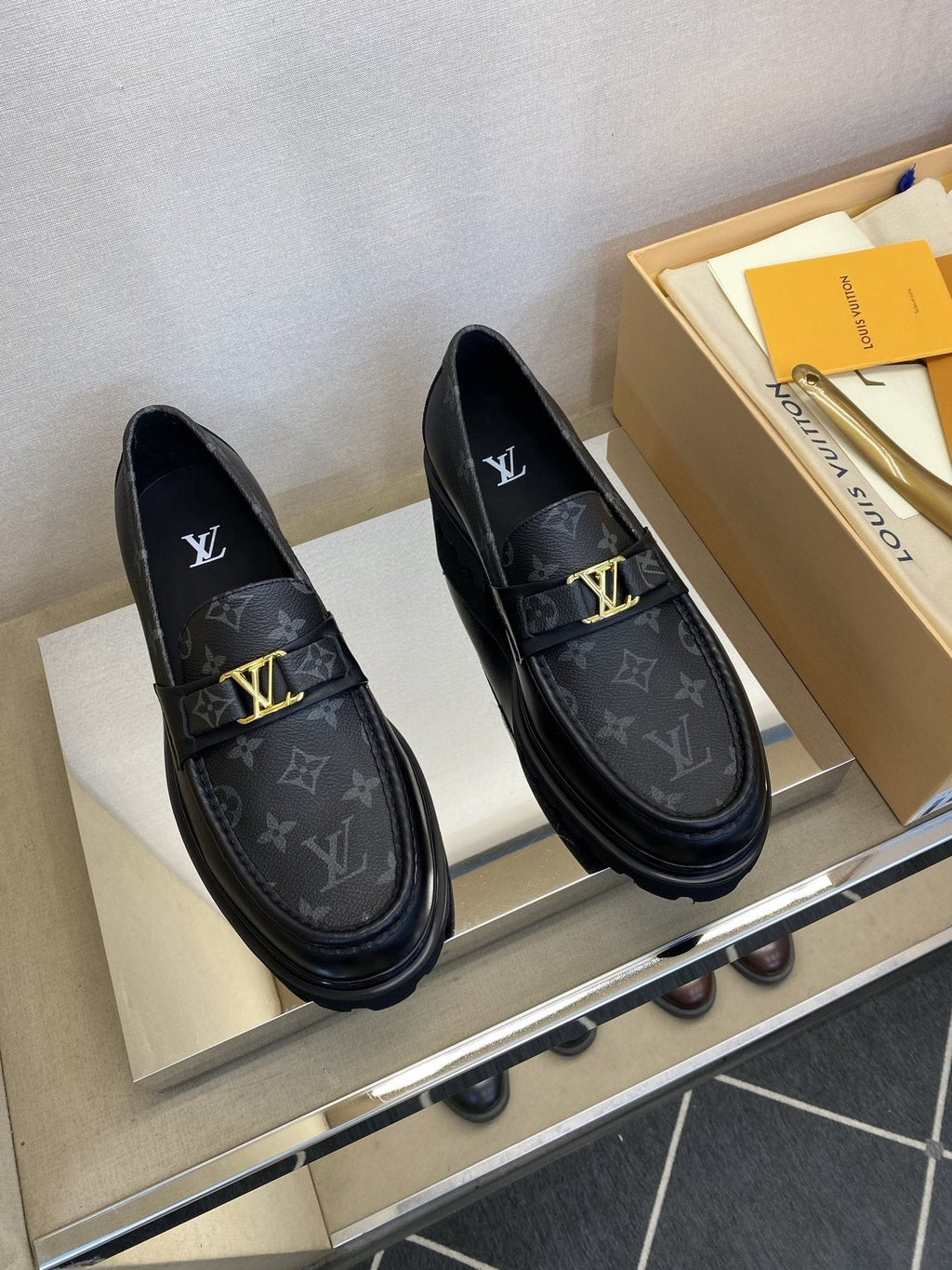 Louis Vuitton Black Monogram Lug Sole Loafers — front