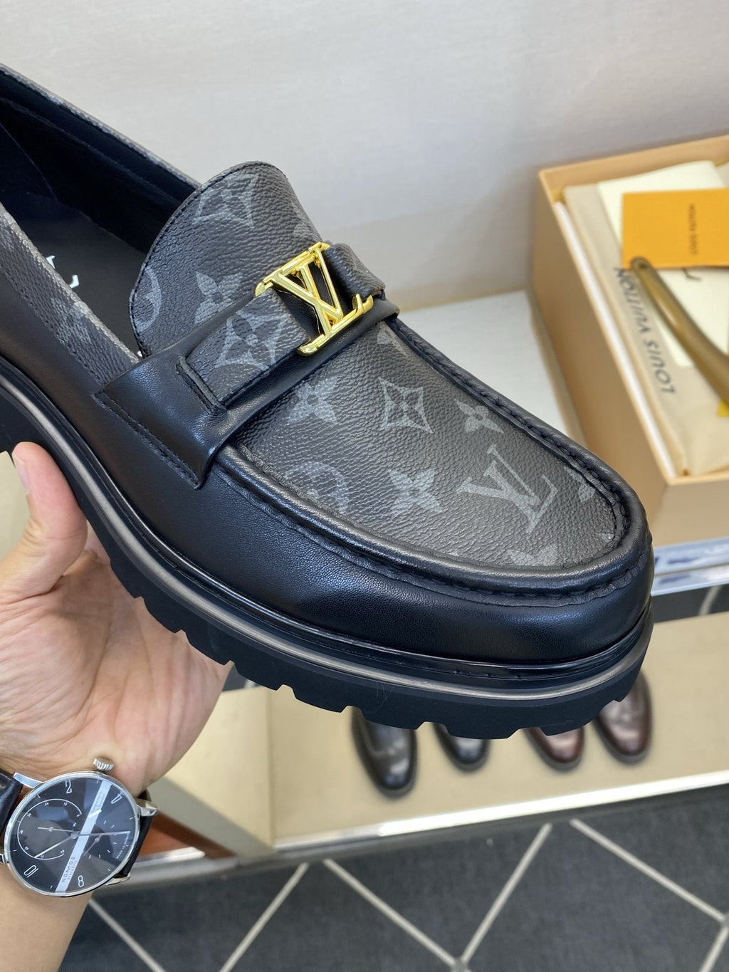 Louis Vuitton Black Monogram Lug Sole Loafers — detail