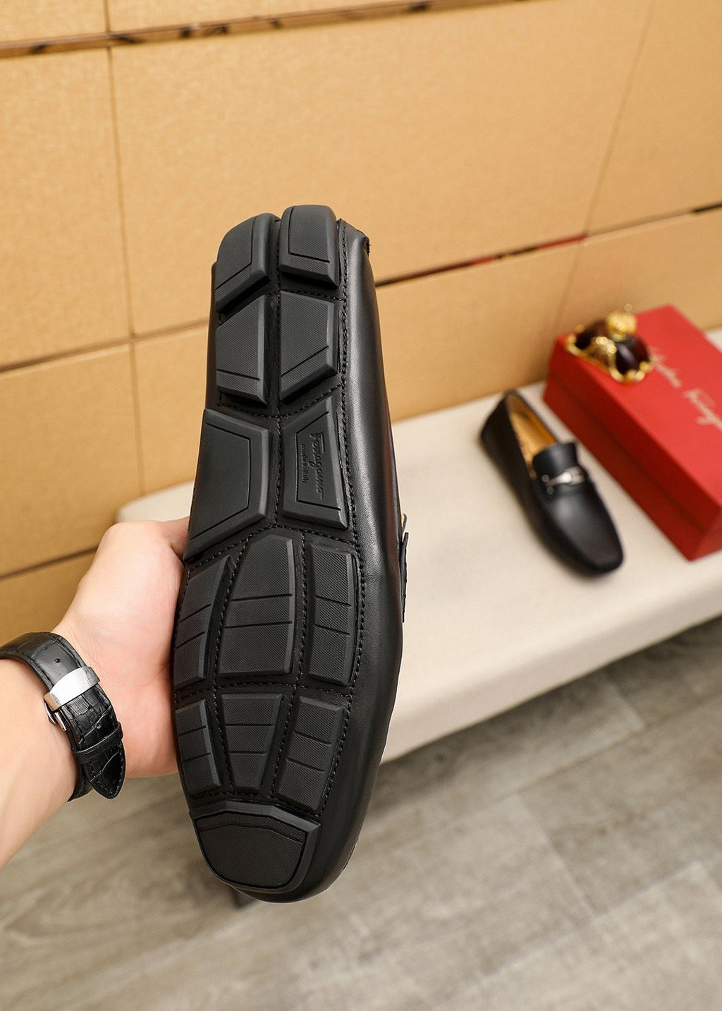Ferragamo Black Metal-Trim Loafers — detail