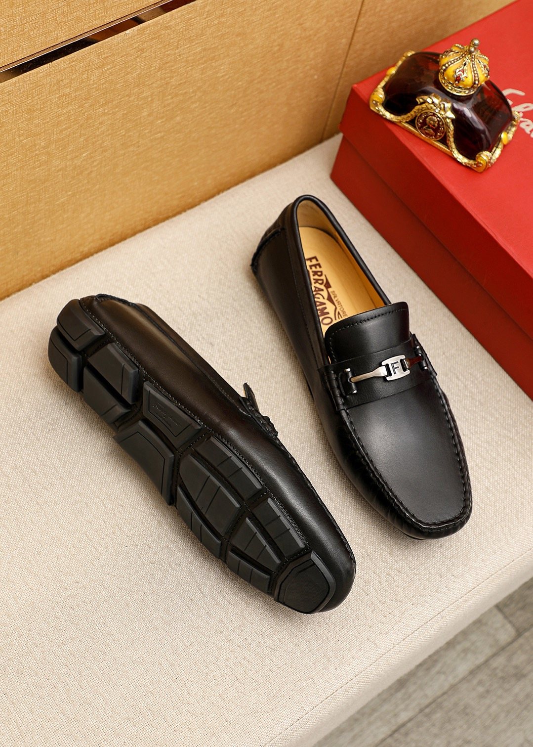 Ferragamo Black Metal-Trim Loafers — front