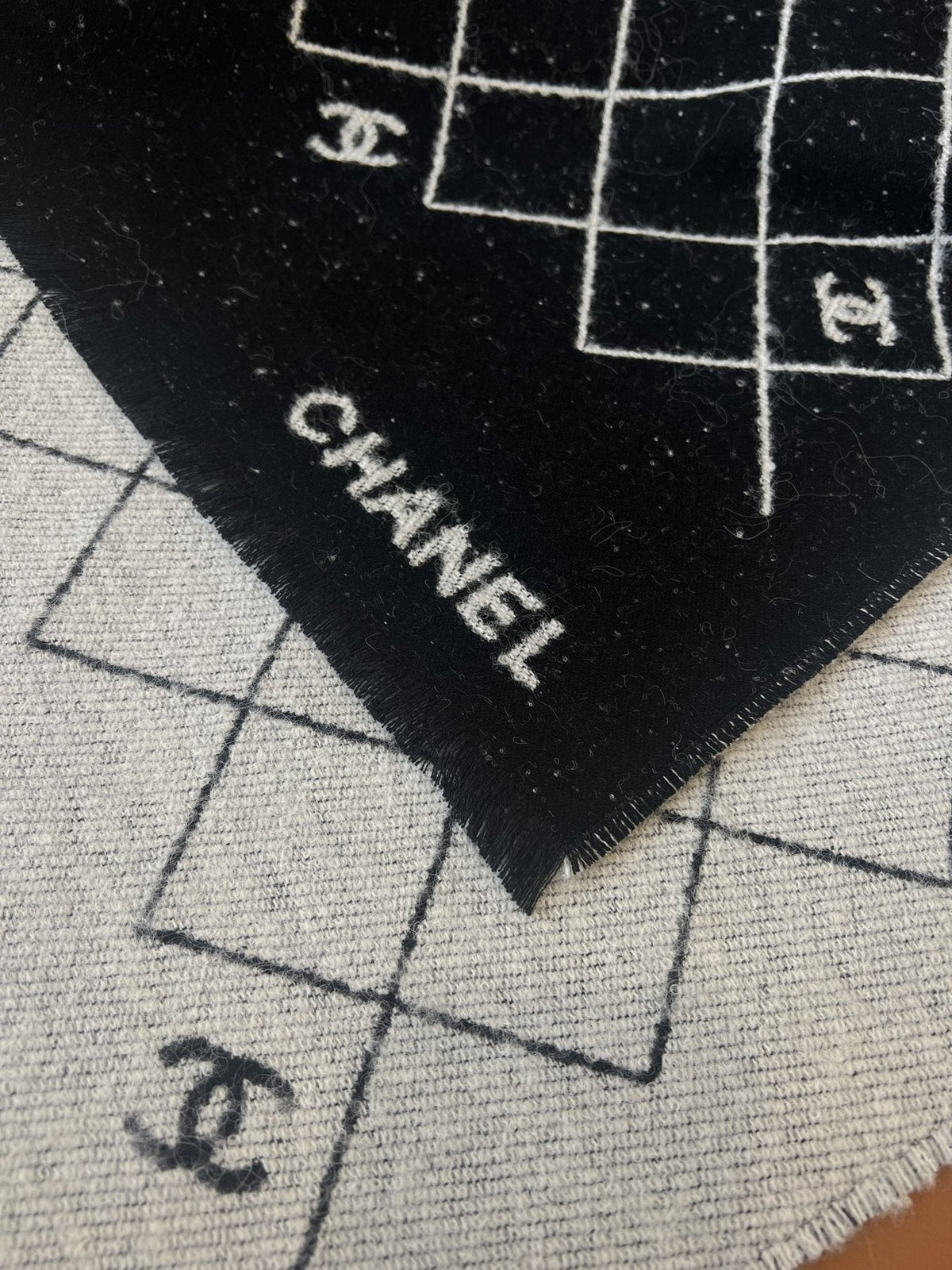 Chanel Black and Ivory Grid Shawl Scarf — detail