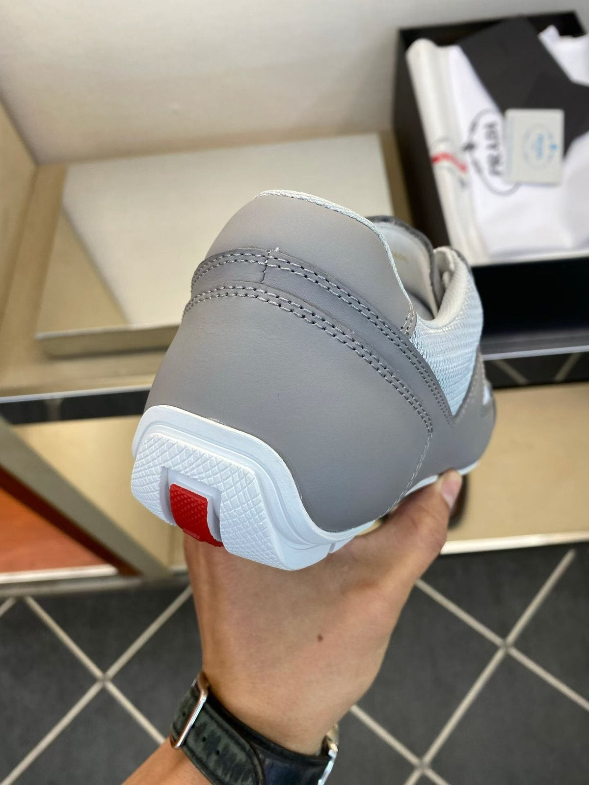 Prada Gray and White Low-Top Sneakers — back