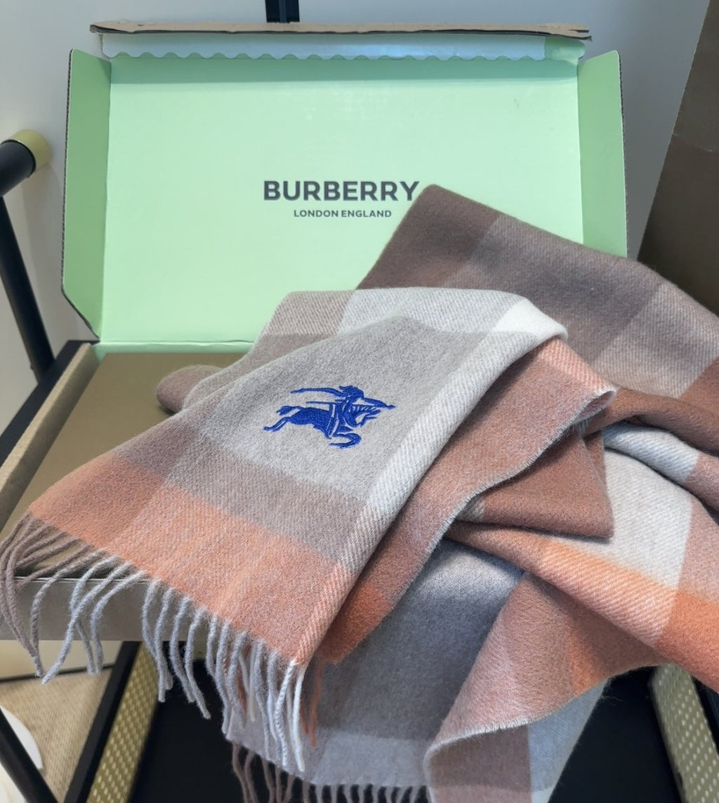 Burberry Taupe Plaid Fringed Scarf — detail