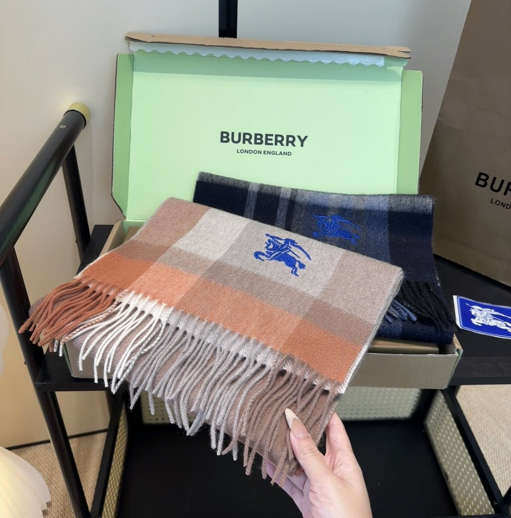 Burberry Taupe Plaid Fringed Scarf — front