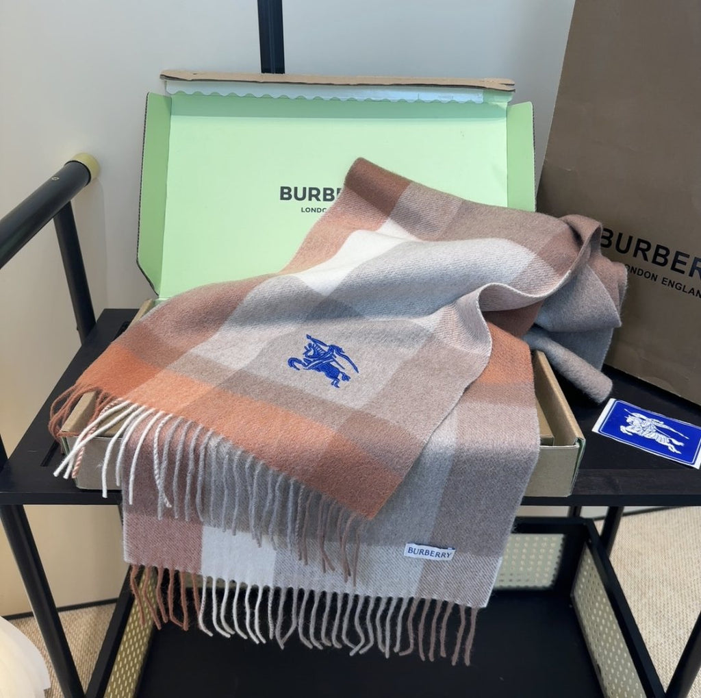 Burberry Taupe Plaid Fringed Scarf — side