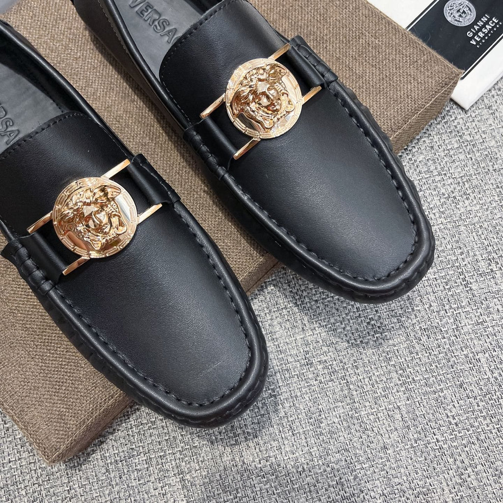 Versace Black Gold-Hardware Loafers — side