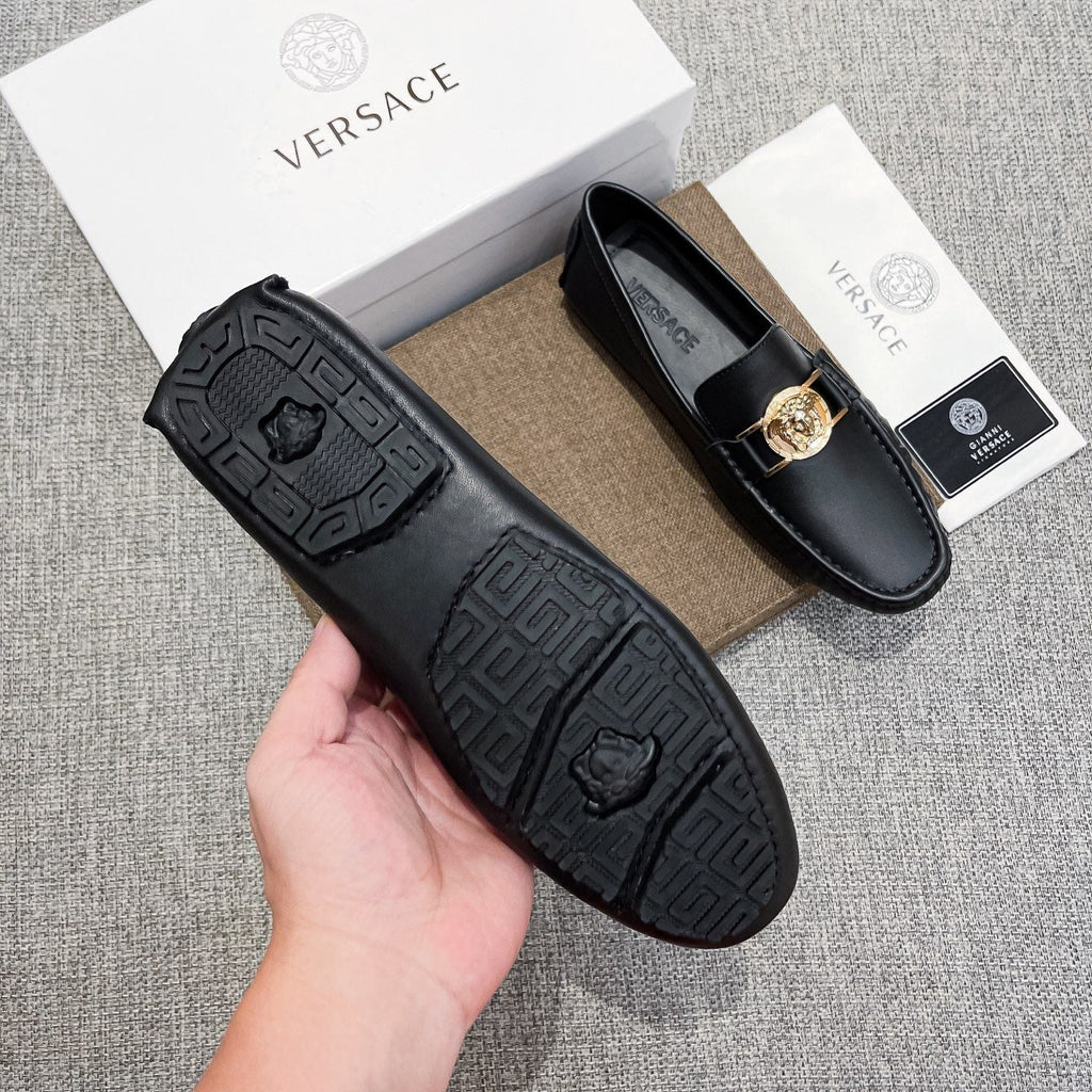 Versace Black Gold-Hardware Loafers — side
