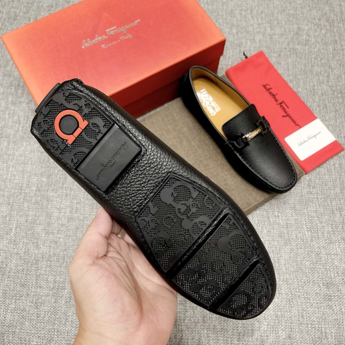 Salvatore Ferragamo Black Textured Driving Loafers — detail