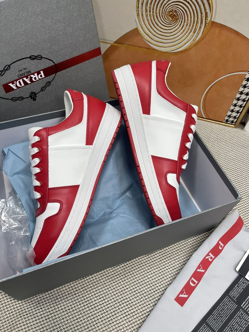 Prada Red and White Low-Top Sneakers — side