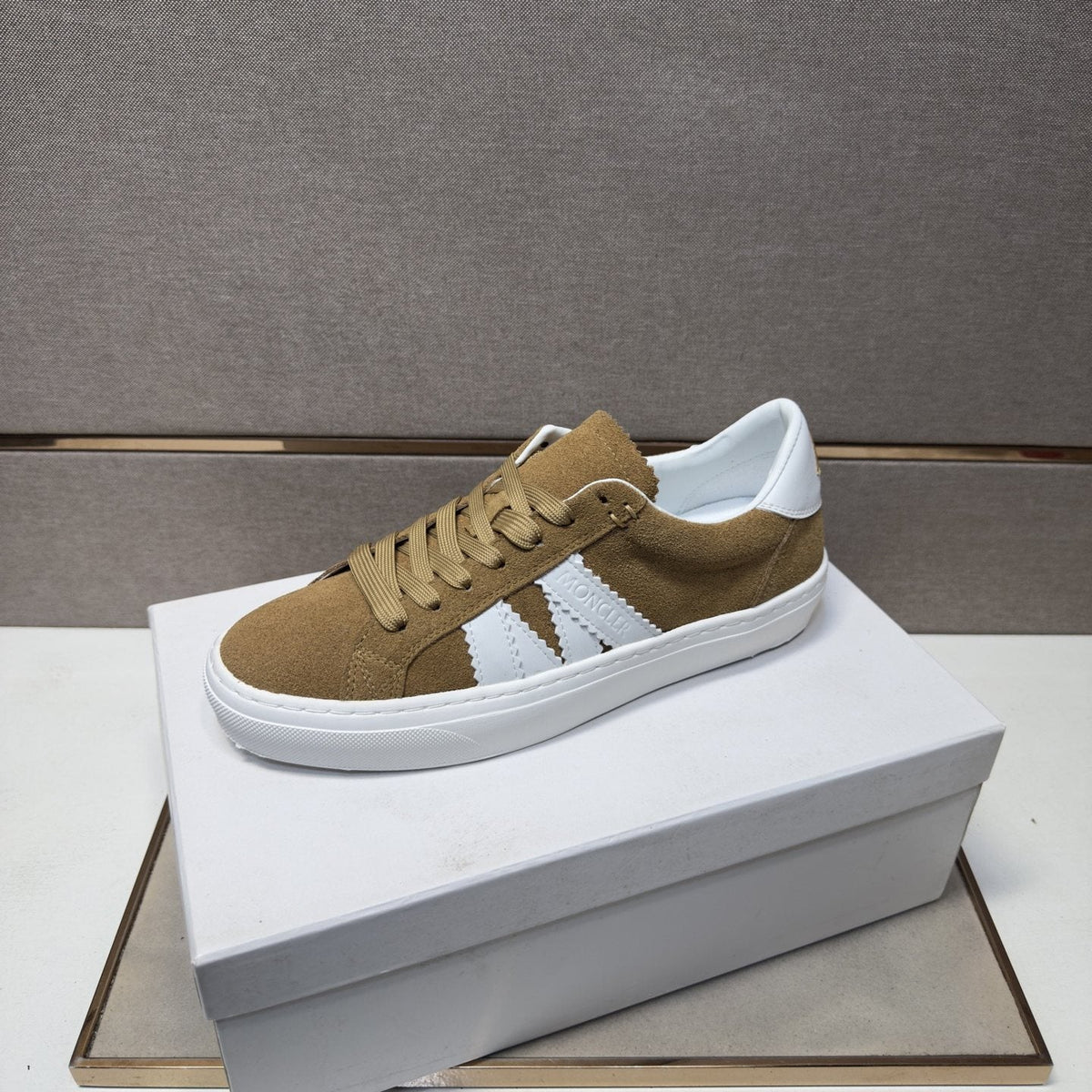 Moncler Tan and White Striped Low-Top Sneakers — side