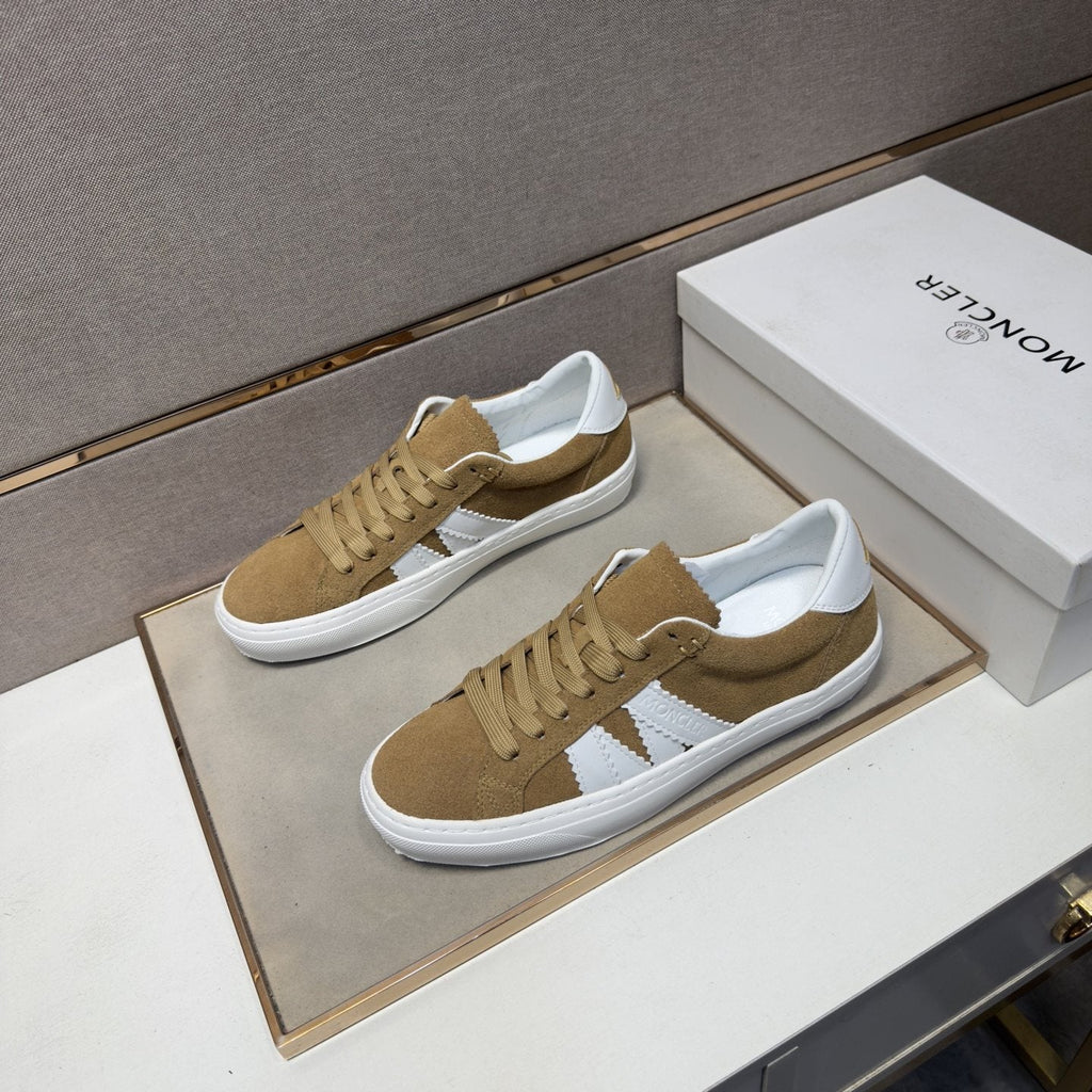 Moncler Tan and White Striped Low-Top Sneakers — front
