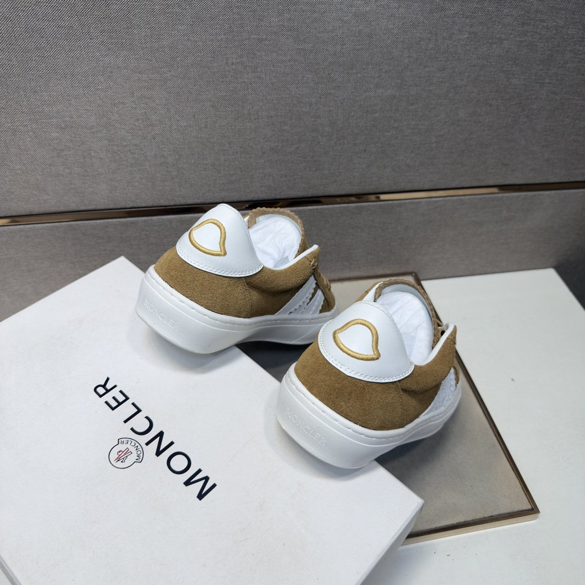 Moncler Tan and White Striped Low-Top Sneakers — back