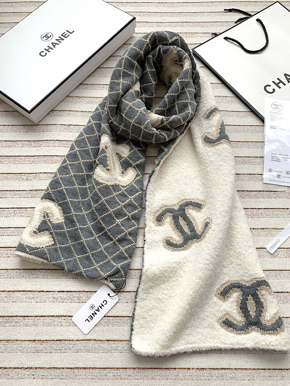 Chanel Gray & Ivory Diamond-Pattern Scarf — front