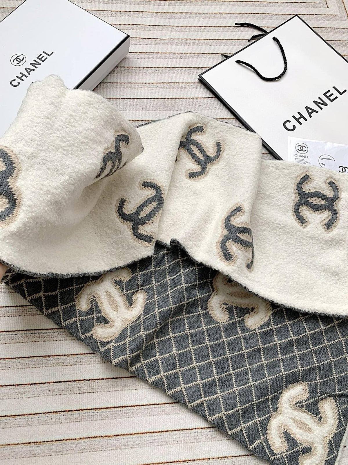 Chanel Gray & Ivory Diamond-Pattern Scarf — side