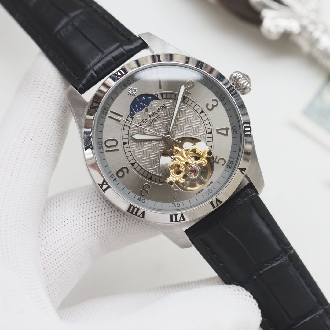 Patek Philippe Black Silver Dial Leather Strap Watch — hero