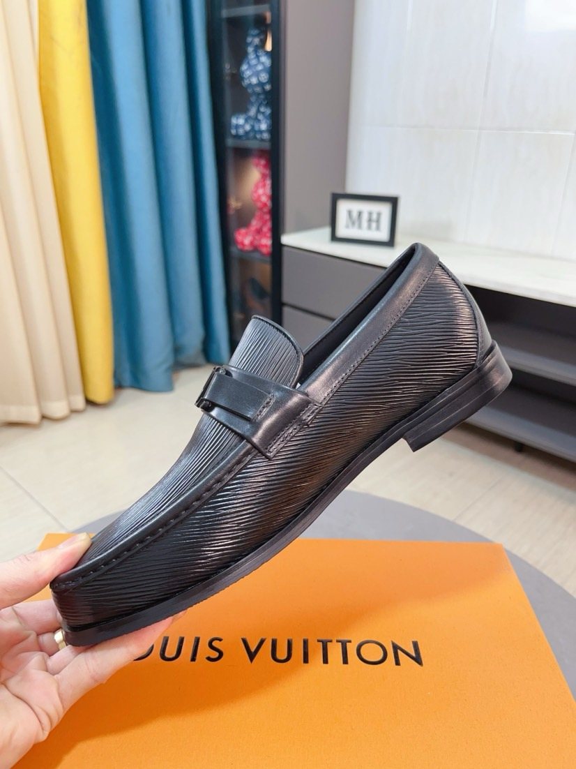 Louis Vuitton Black Textured Bar Slip-On Shoes — side