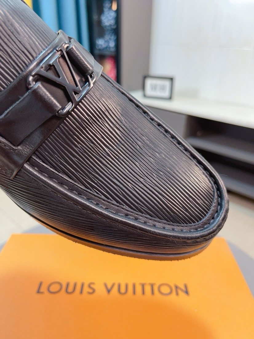 Louis Vuitton Black Textured Bar Slip-On Shoes — detail
