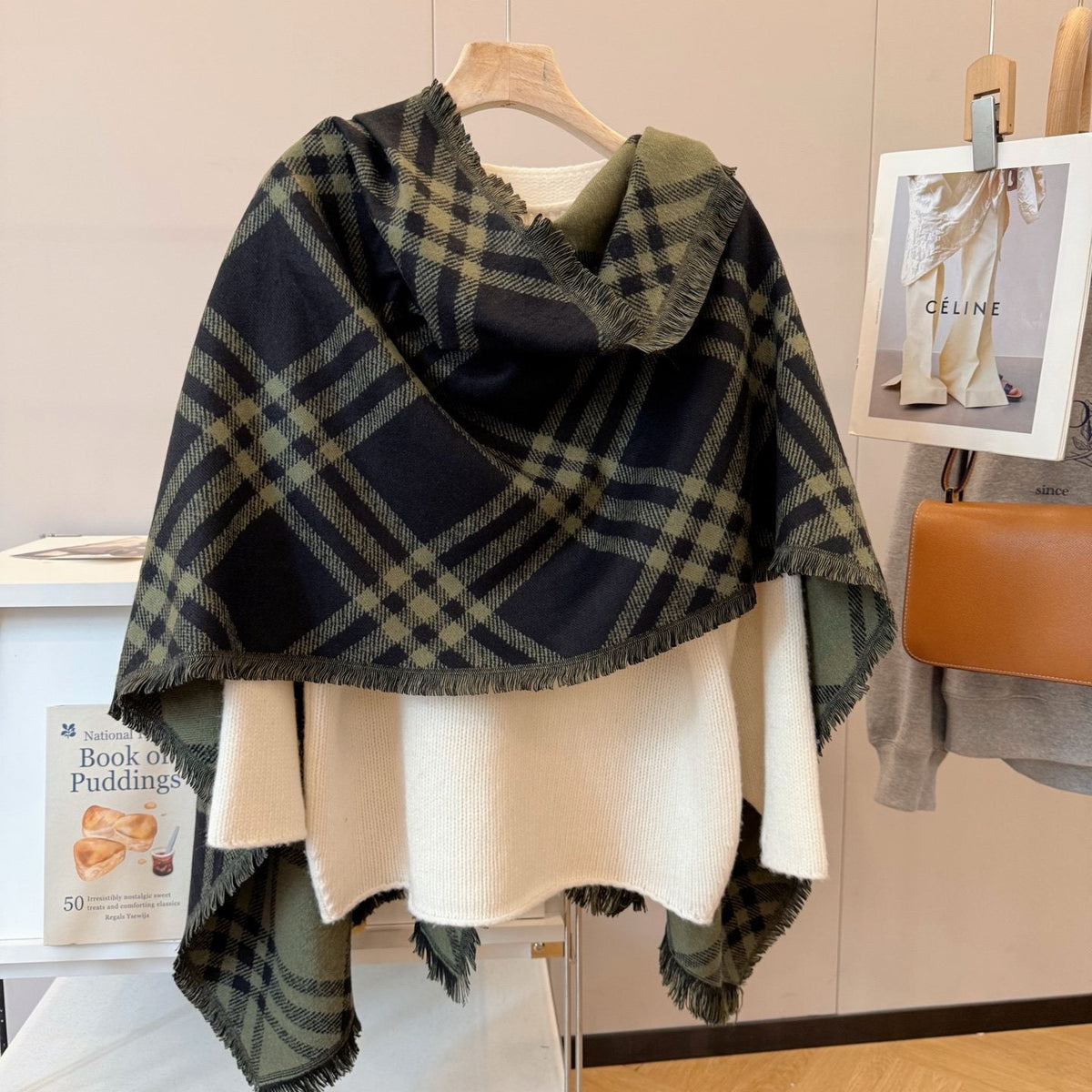 Burberry Black and Olive Green Plaid Scarf — back