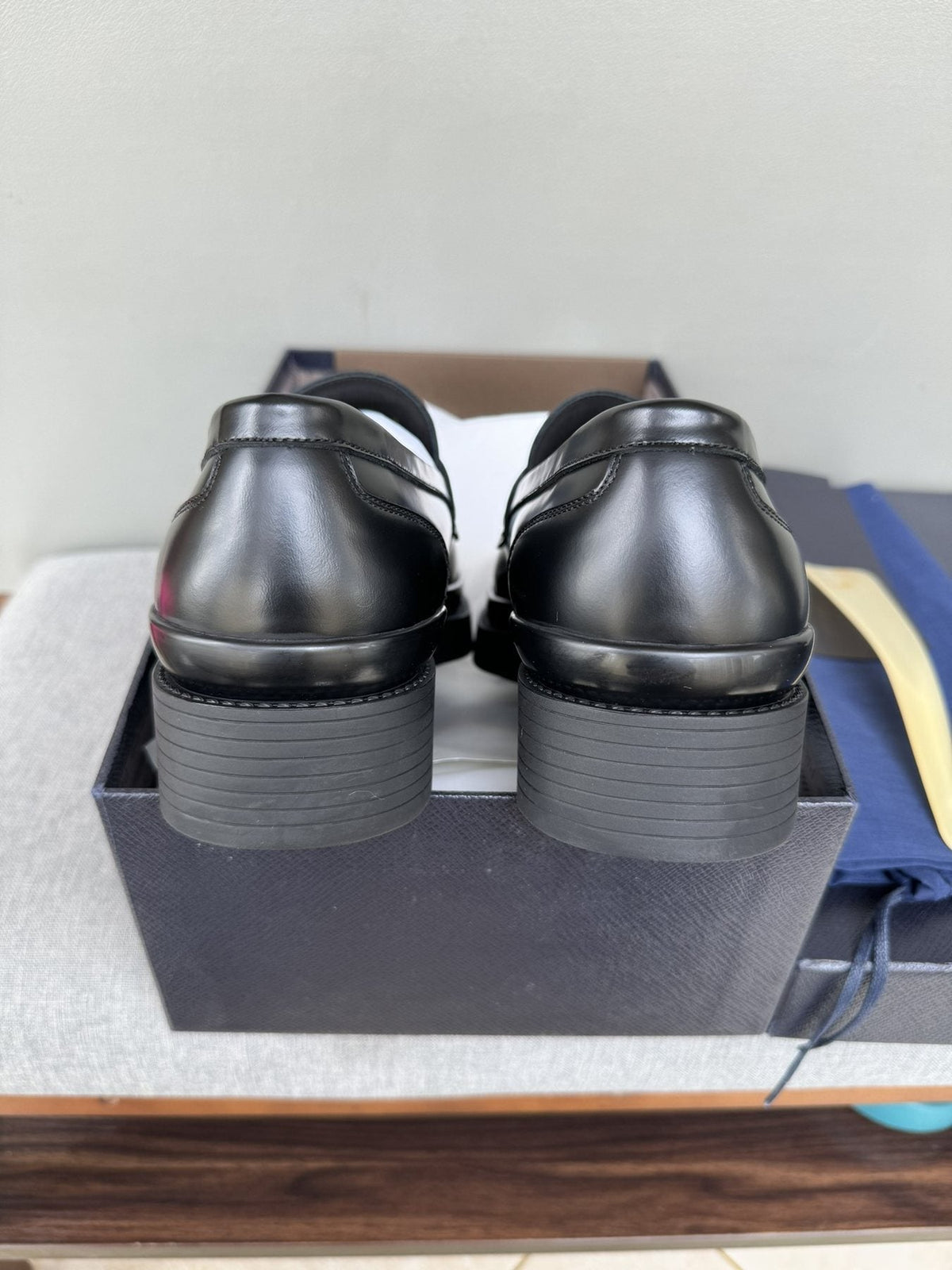 Prada Black Leather Strap Loafers — back