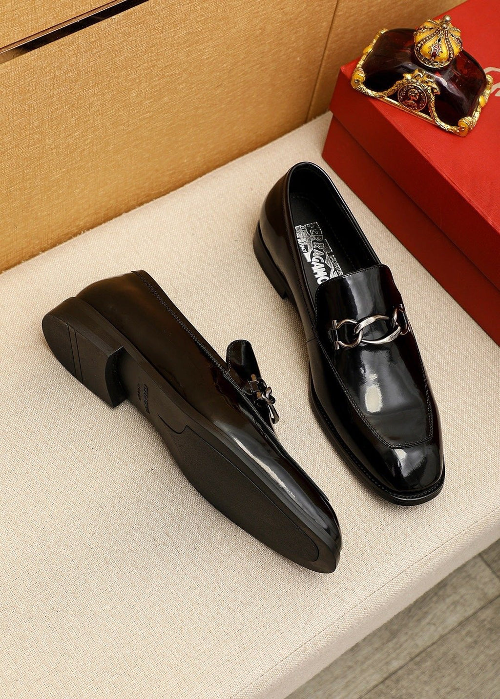 Ferragamo Black Metal-Accent Loafers — front