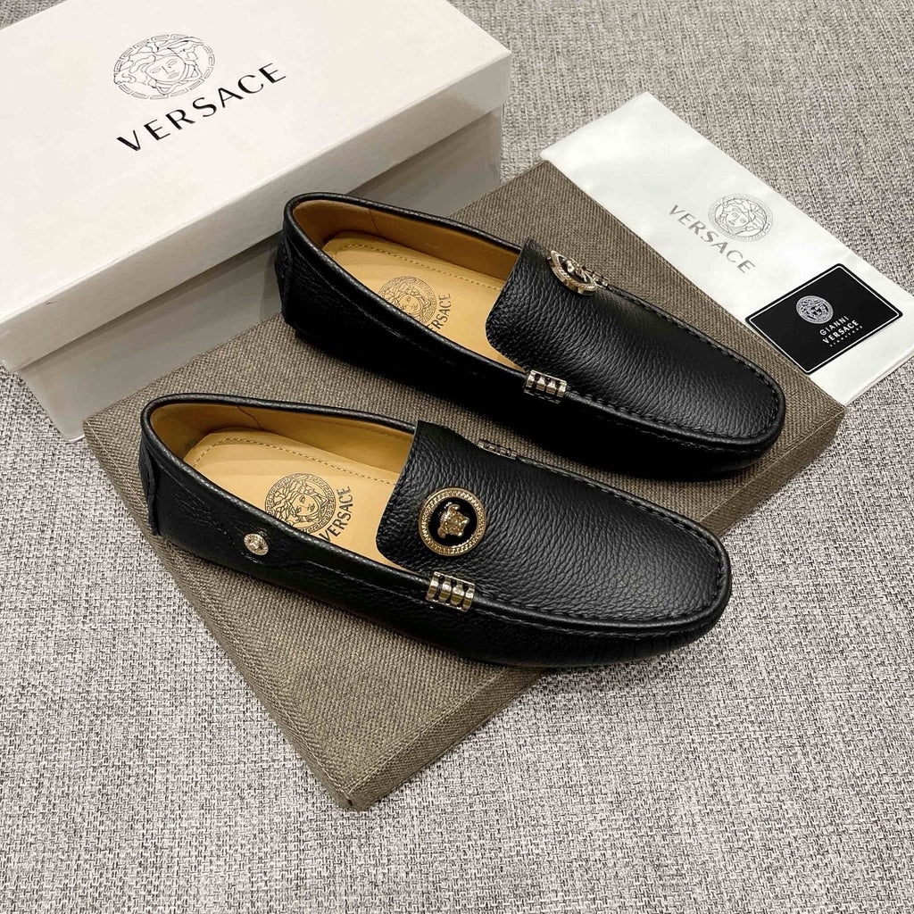 Versace Black Textured Slip-On Loafers — hero