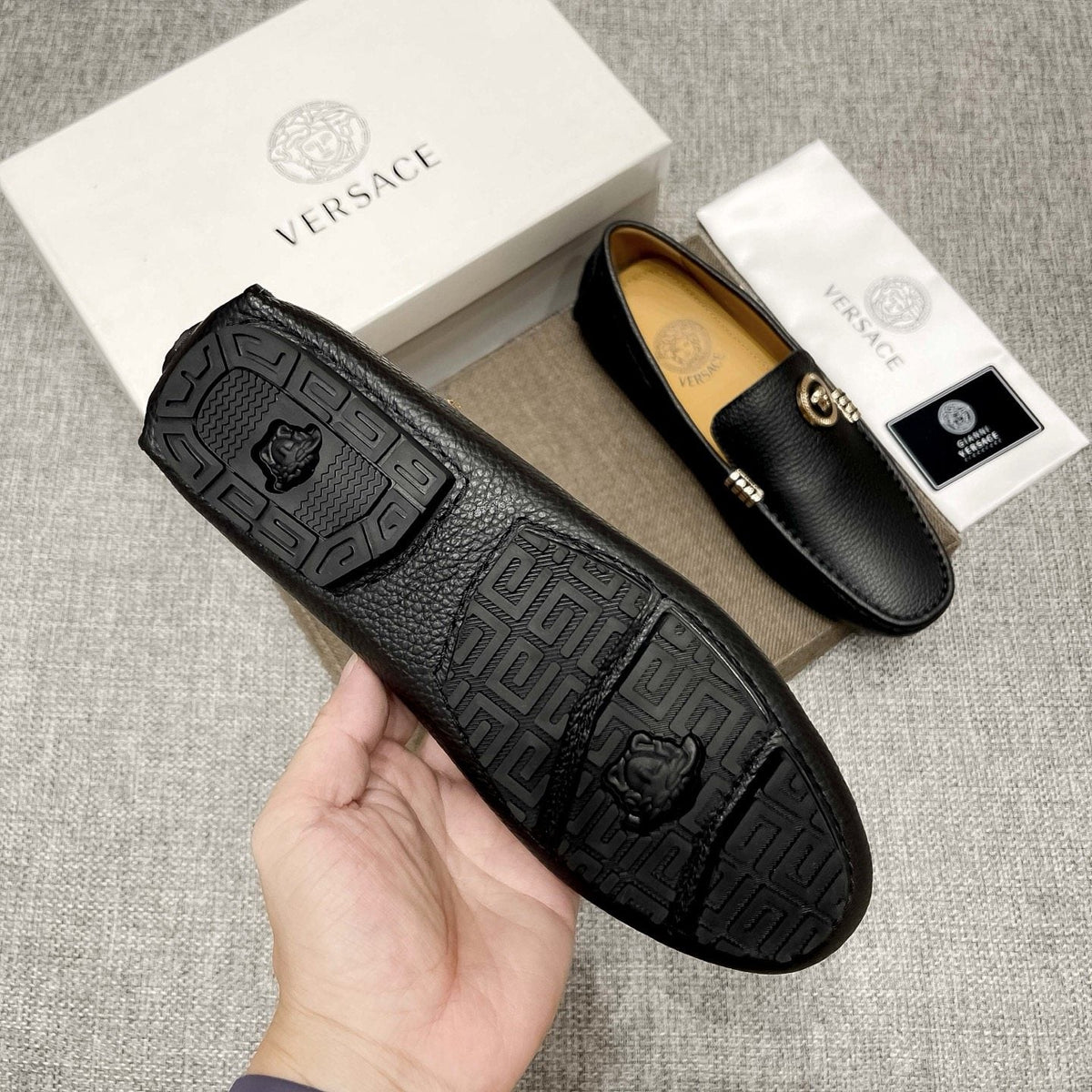 Versace Black Textured Slip-On Loafers — side