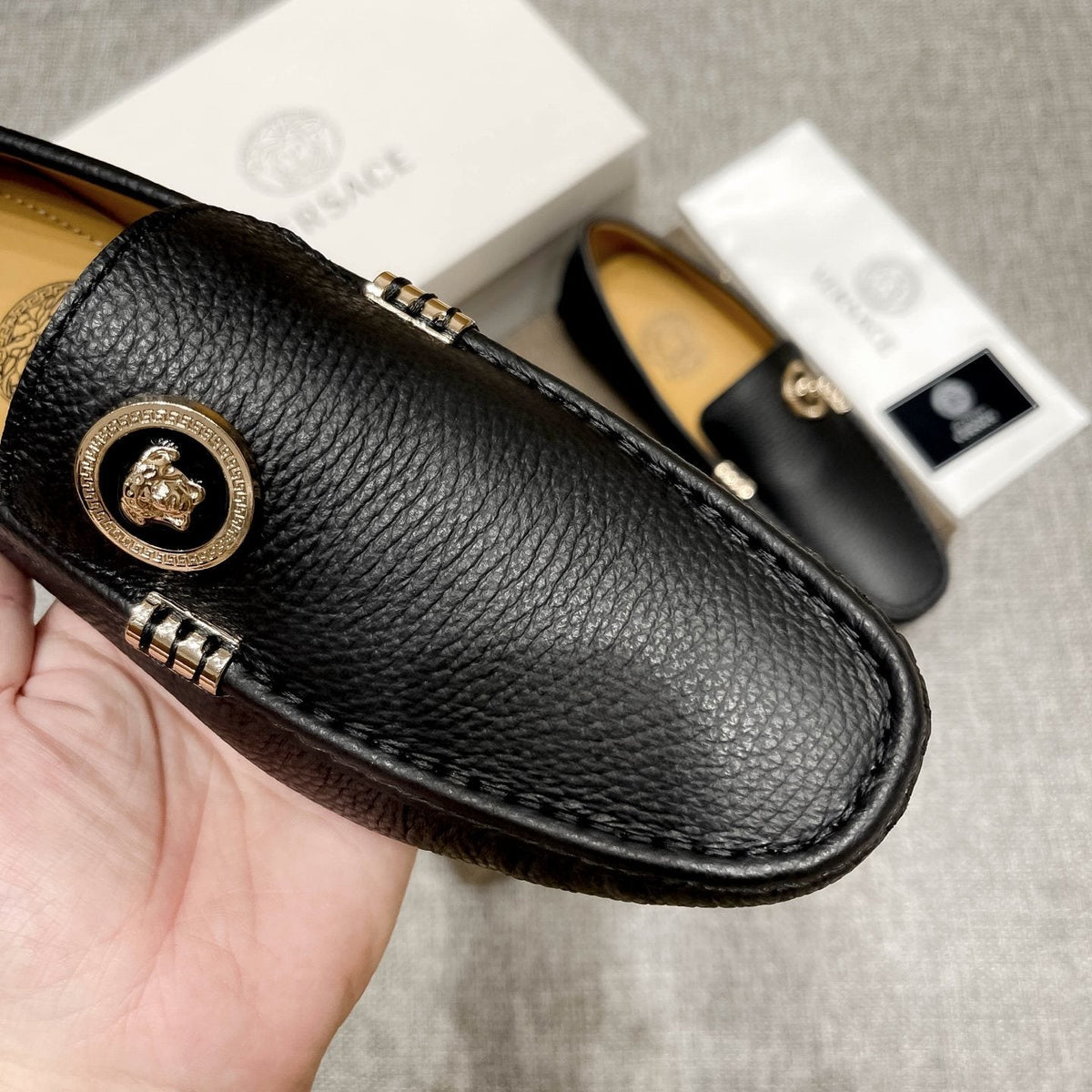 Versace Black Textured Slip-On Loafers — detail