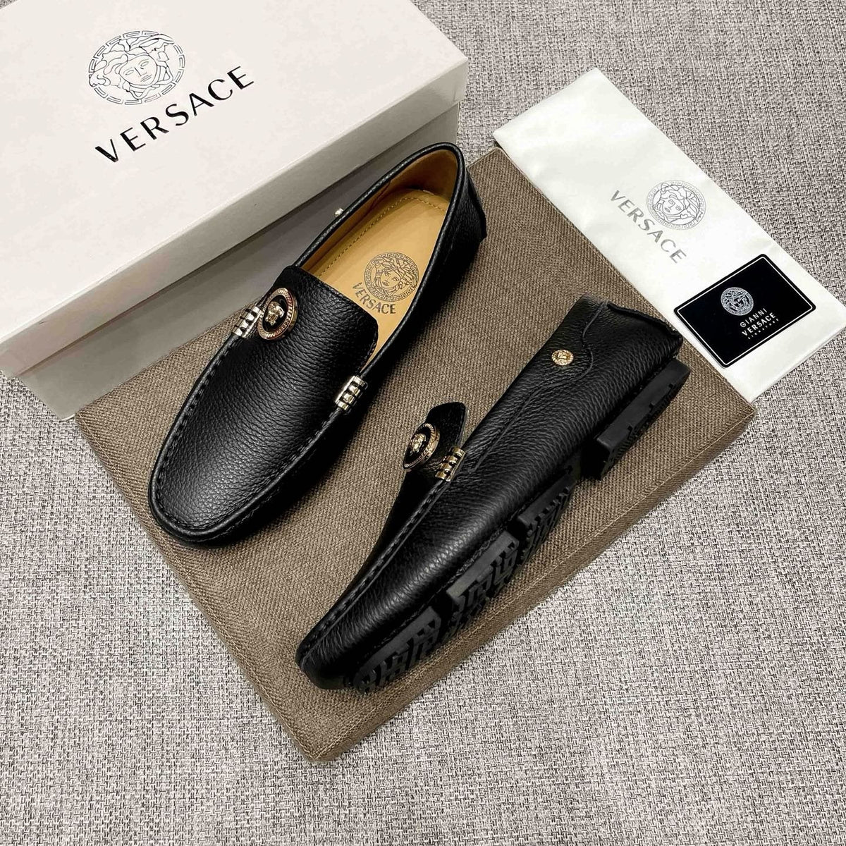 Versace Black Textured Slip-On Loafers — side